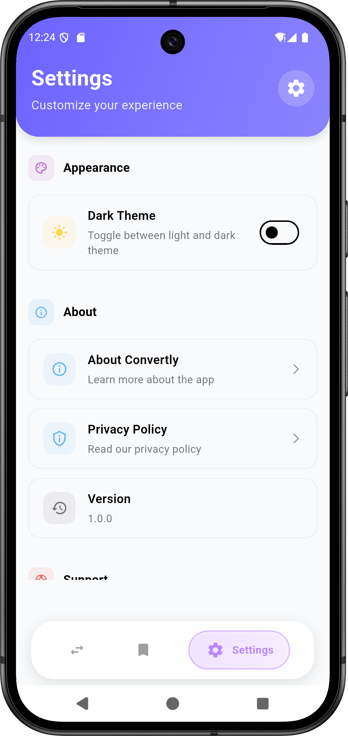Convertly Settings Screen